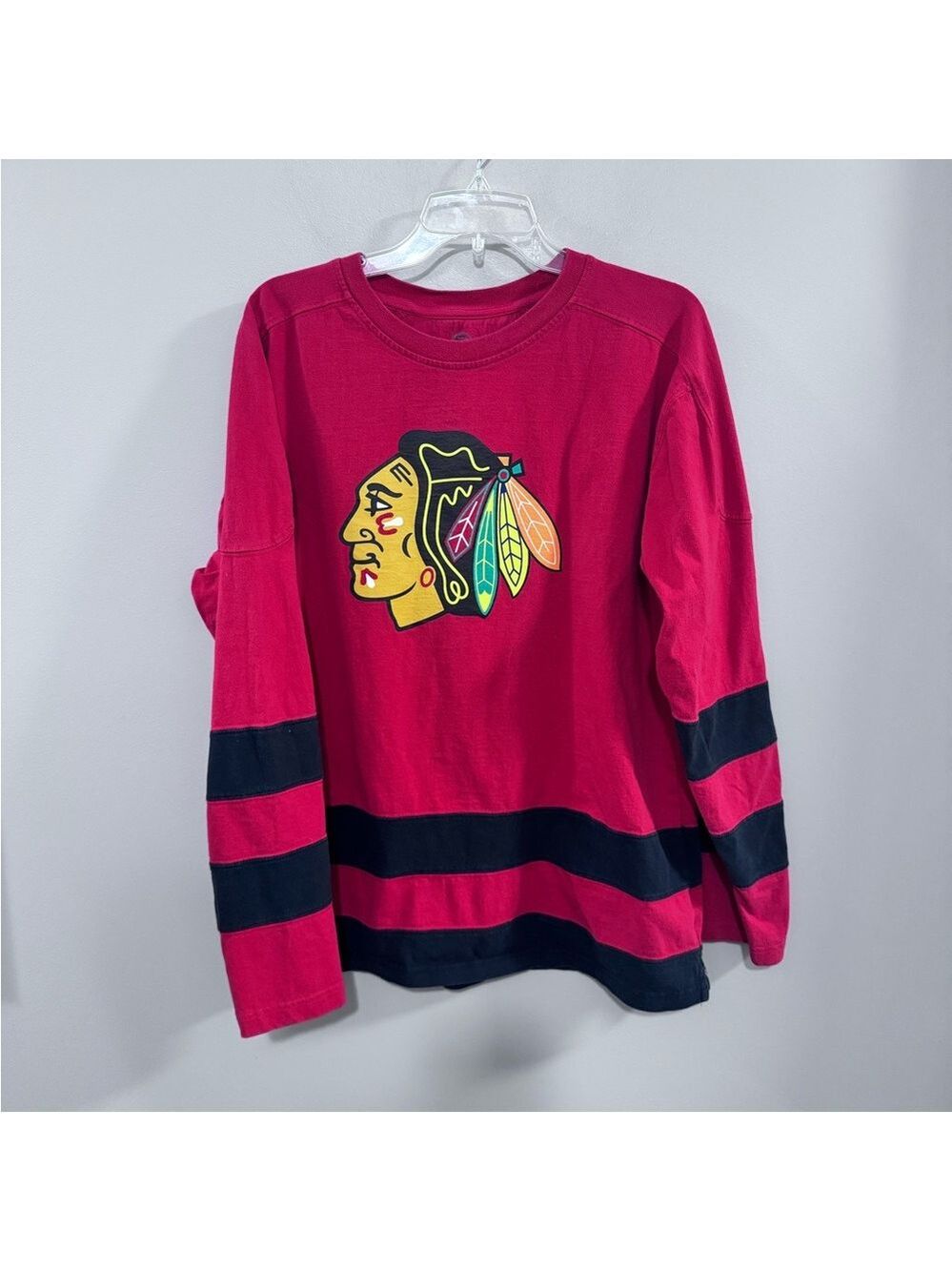 NHL Chicago Blackhawks Red Long Sleeve Tee with Black Stripes. Size M